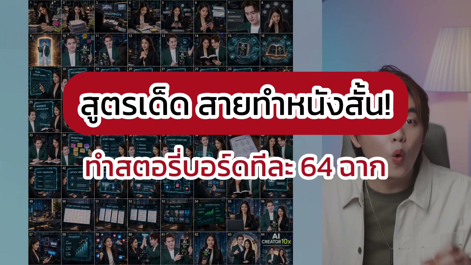 ทำสตอรี่บอร์ด 64 ฉากใน ChatGPT แล้วแยกภาพไปใช้ทีละช็อต