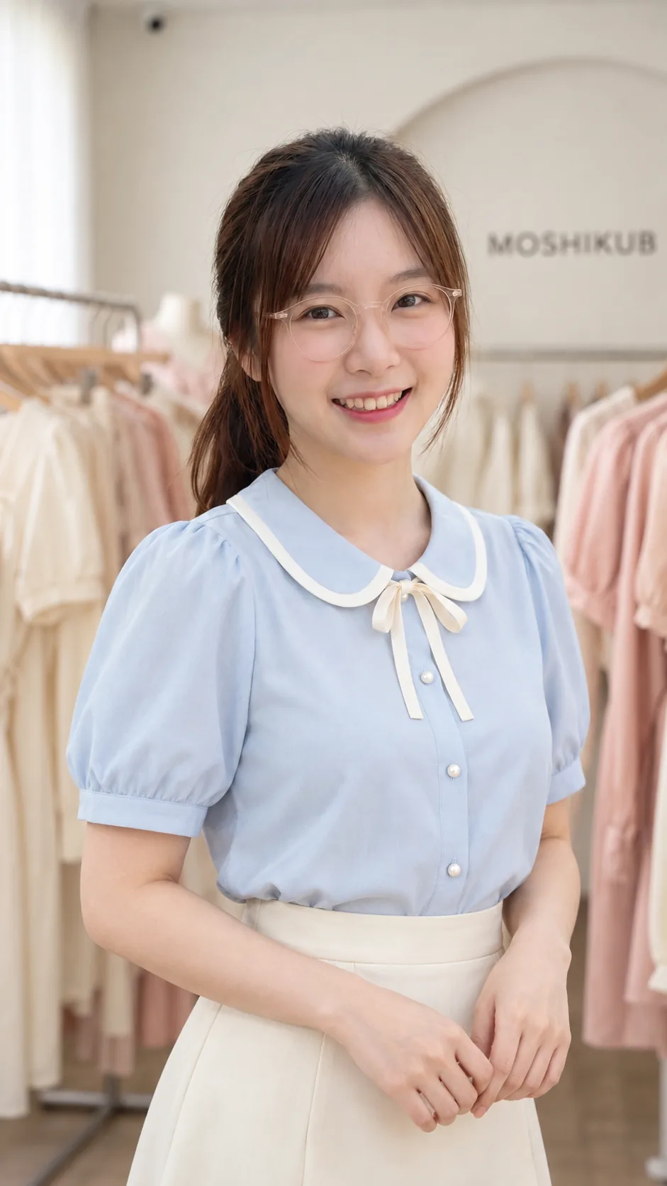 ตัวอย่างภาพนางแบบ AI ใส่เสื้อฟ้าปกขาว