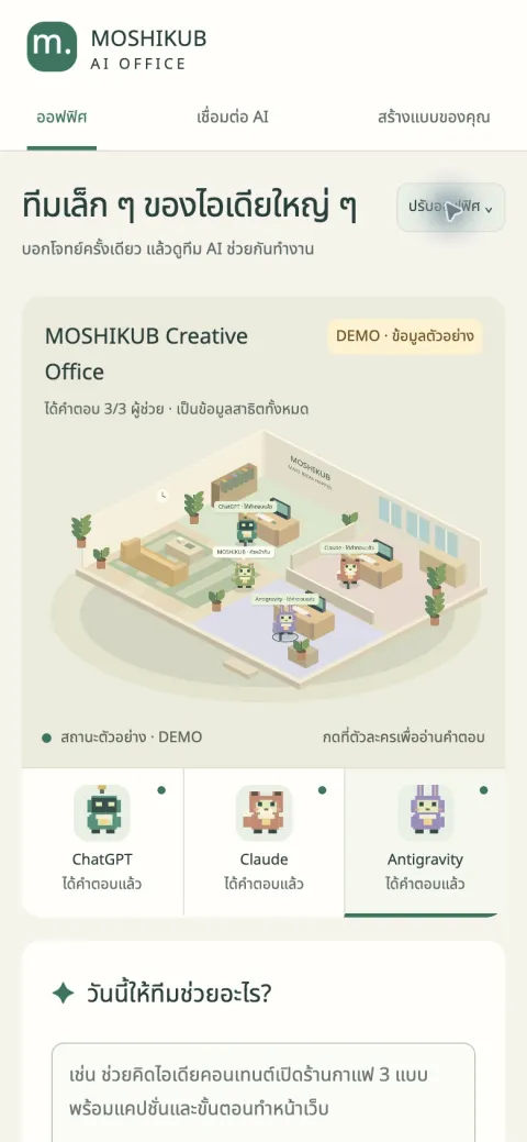 หน้าจอ AI Office ต้นแบบบนมือถือ แสดงตัวละครและแผงคำตอบเรียงลงด้านล่าง