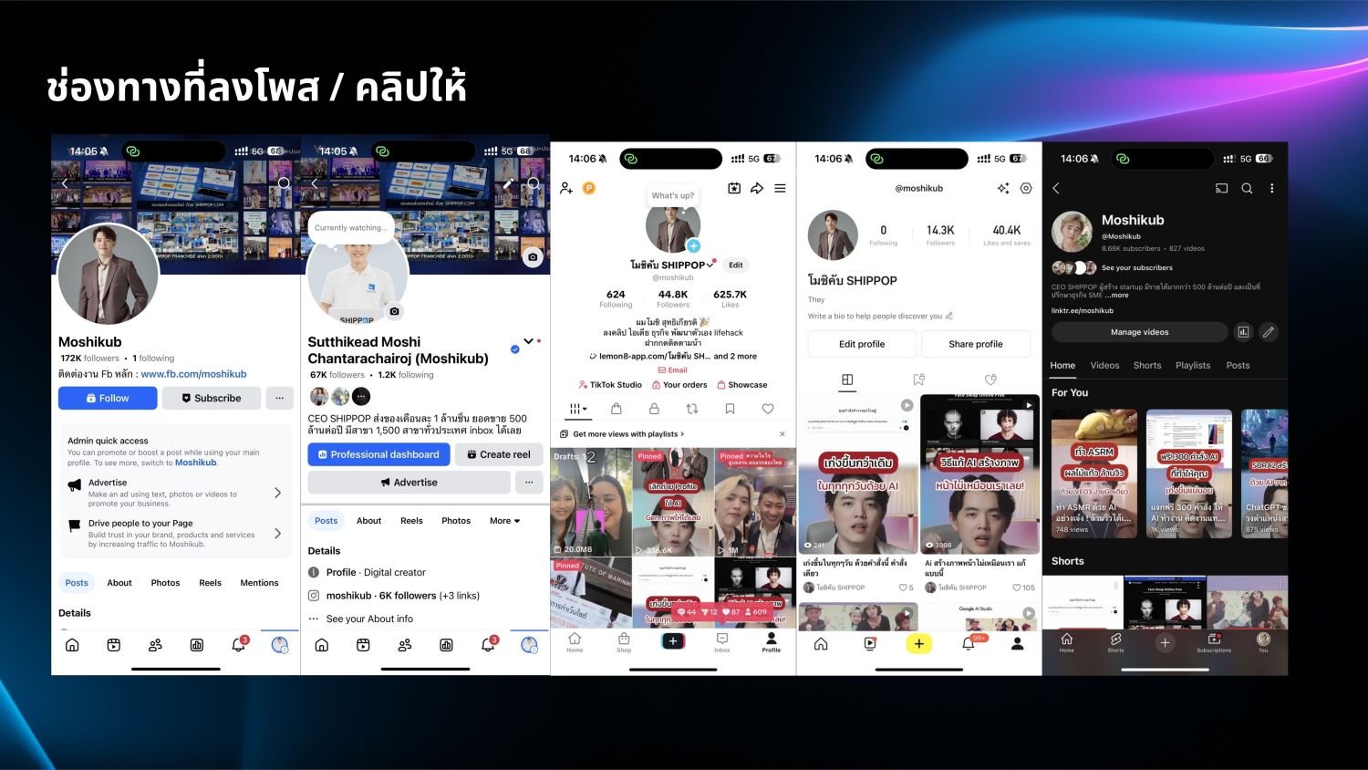 ช่องทางที่ลงคลิปให้จริง — ทุกบัญชีในภาพนี้ได้คลิปเดียวกันในราคาเดียว